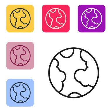 Siyah çizgi Dünya ikonu beyaz arka planda izole edilmiş. Dünya ya da Dünya işareti. Küresel internet sembolü. Geometrik şekiller. Renkli kare düğmelerle simgeleri ayarla. Vektör.