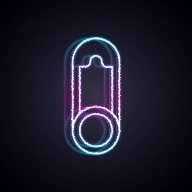 Parlayan neon çizgisi Bebek giysileri iğne simgesi siyah arka planda izole. Klasik kapalı çelik çengelli iğne. Vektör.