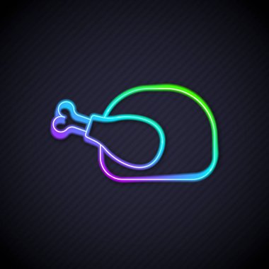 Parlayan neon hattı, kızarmış hindi ya da siyah arka planda izole edilmiş tavuk ikonu. Vektör.