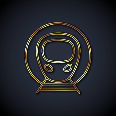 Altın çizgili tren ve demiryolu ikonu siyah arka planda izole edildi. Toplu taşıma sembolü. Metro treni nakliyesi. Metro yeraltı. Vektör.