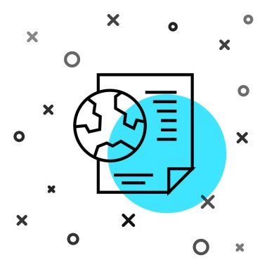 Black line Earth globe with document icon isolated on white background. World or Earth sign. Global internet symbol. Geometric shapes. Random dynamic shapes. Vector.