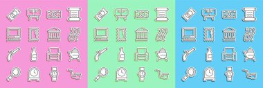 Set line Smoking pipe Classic teapot Earrings Stacks paper money cash Big full length mirror Retro tv Cinema ticket and Museum building icon. Vector.