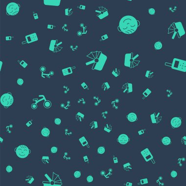 Set Baby stroller Little boy head Bicycle for kids and monitor walkie talkie on seamless pattern. Vector.