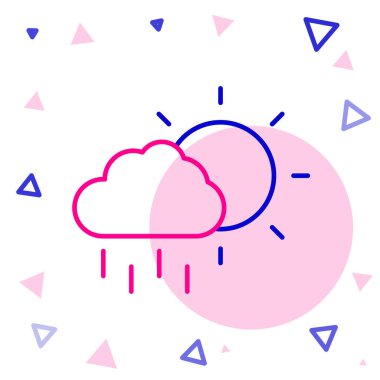 Yağmur ve güneş ikonuna sahip çizgi bulutu beyaz arka planda izole edildi. Yağmur damlaları ile yağmur bulutu yağışı. Renkli taslak konsepti. Vektör.