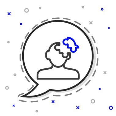 Psikoloji ikonundaki soruna çizgi çözümü beyaz arka planda izole edildi. Bulmaca. Akıl sağlığı terapisi. Renkli taslak konsepti. Vektör