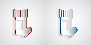 Kağıt kesiği ilaç şişesi ve gri arka planda izole edilmiş ilaç ikonu. Şişe hapı işareti. Eczane tasarımı. Kağıt sanatı tarzı. Vektör.