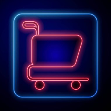 Parlayan neon alışveriş arabası simgesi siyah arka planda izole edildi. İnternetten satın alma konsepti. Servis tabelası. Süpermarket sepeti sembolü. Vektör