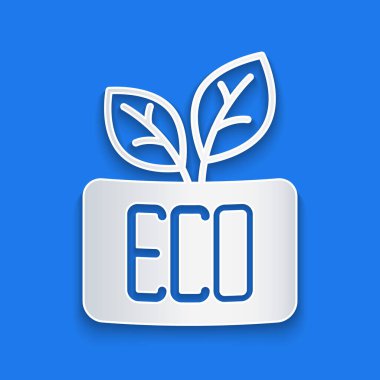 Kağıt kesiği Yaprak Eko sembol simgesi mavi arkaplanda izole edildi. Pankart, etiket, etiket, logo, çevre yeşili etiketi. Kağıt sanatı tarzı. Vektör