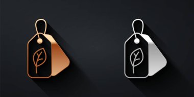 Siyah arkaplanda yaprak sembolü olan altın ve gümüş etiket. Pankart, etiket, etiket, logo, çevre yeşili etiketi. Uzun gölge tarzı. Vektör