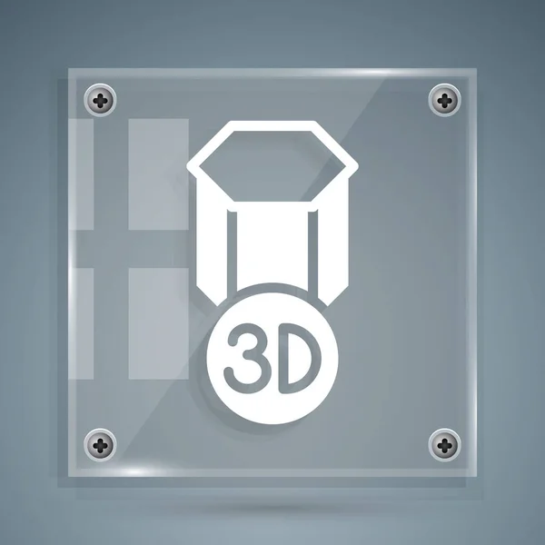グレーの背景に隔離されたホワイト3Dプリンターアイコン 3Dプリント 正方形のガラスパネル ベクトル — ストックベクタ