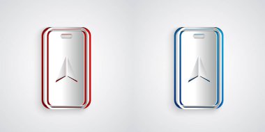 Kağıt kesiği Şehir Haritası yön bulma simgesi gri arkaplanda izole edildi. Mobil Uygulama Arayüzü tasarımı. Coğrafi konsept. Kağıt sanatı tarzı. Vektör