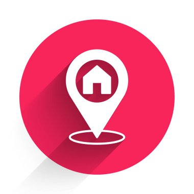 Uzun gölge arkaplan izole edilmiş ev simgesine sahip beyaz harita işaretçisi. Ev konumu belirleyici sembol. Kırmızı daire düğmesi. Vektör