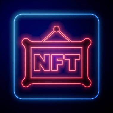 Siyah arkaplanda parlayan neon NFT dijital kripto resim simgesi izole edildi. Para iadesi olmayan jeton. Vektör