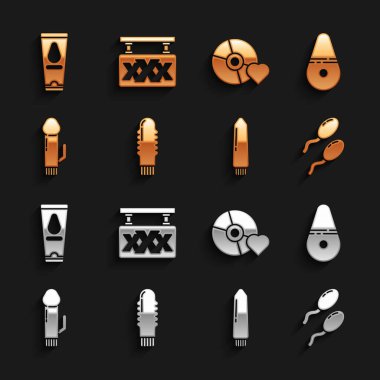 Set Dildo vibrator, Sperm, Adult label on compact disc, Personal lubricant and Sex shop icon. Vector