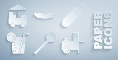 Set Lolipop, Fransız sosisi, Kokteyl, Fast Street yemek arabası, Hotdog sandviçi ve ikon. Vektör