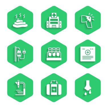 Set Test tube with blood, First aid kit, Runny nose, Clinical record, Microscope, IV bag, Joint pain, knee pain and Shit icon. Vector