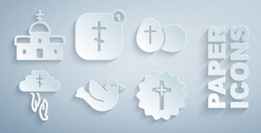 Set Dove, Paskalya yumurtası, Tanrı 'nın yardım eli, Hıristiyan haçı, online kilise papazı vaazı ve kilise ikonu. Vektör