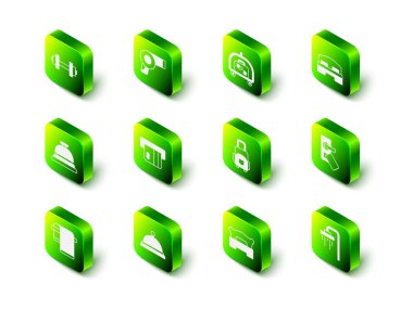 Saç kurutma makinesi, otel bavulu, oda yatağı, dijital kapı kilidi, duş, bavul, yatak odası ve tepsi dolusu yemek ikonu. Vektör