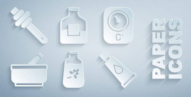 Temel yağ şişesi, Sauna termometresi, havan ve tokmak, krem losyon kozmetik tüp, votka ve ballı şeker çubuğu ikonu. Vektör