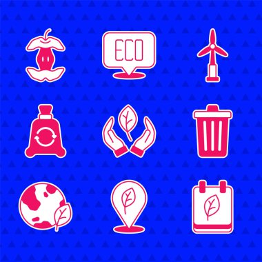 Yapraklı konum, yapraklı takvim, sonbahar yapraklı takvim, çöp kutusu, toprak küresi, çöp torbası geri dönüşümü, rüzgar türbini ve Apple çekirdek ikonu. Vektör