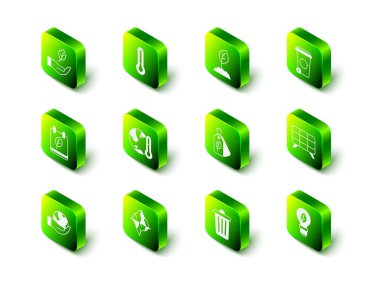 Termometreyi, filizi, geri dönüşüm kutusunu, güneş enerjisi panelini, yapraklı ampulü, etiketi, çöp kutusunu ve buz dağı simgesini ayarla. Vektör