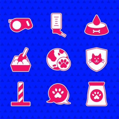 Set World evcil hayvanı, Paw baskısı, hayvan sağlığı sigortası oyuncaklı kedi tırmalama postası, çöp tepsisi küreği, kedi kase kedi köpek ve geri çekilebilir ip tasması ikonu. Vektör