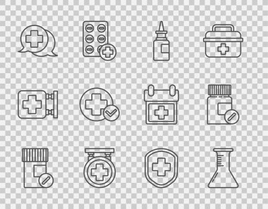 İlaç şişesi ve hapları, test tüpü tüpü burun spreyi, hastane tabelası, doktorla diyalog, Cross hastanesi, tıbbi kalkan haçı ve ikonu hazırlayın. Vektör