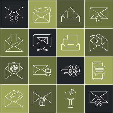 Satır Sil zarfı, telefondan Sohbet mesajları bildirim, gelen kutusunu yükleme, konuşma baloncuğu, ayarlama ve çekmece belge simgesi ile ayarla. Vektör