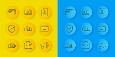 Hat çizelgesi bilgisini ve doları ayarla, işaretli kalkan, megafon, web sitesi şablonu, kredi kartı, kontrat parası ve dizüstü bilgisayar simgesi. Vektör