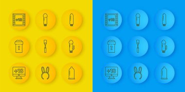 Set line Monitor with 18 plus content, Vagina masturbator, Leather whip, Condom, Dildo vibrator, Play Video,  and  icon. Vector