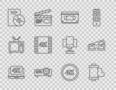 Dizüstü bilgisayarı 4k video, kamera klasik film rulo kartuşu, VHS kaset, Film, medya projektörü, CD DVD diski, film, çerçeve, Ultra HD ve 3D sinema gözlüğü ikonu ile ayarla. Vektör