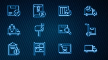 Hat teslimat kamyonu, El ve Kutular, İşaretli ahşap, Posta, izleme, Paket, Arama Paketi ve Zarf Dolar simgesi simgesi. Vektör