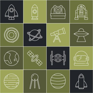 Roket gemisi, astronot miğferi, UFO uçan uzay gemisi, Astronomik gözlemevi, gezegenin yörüngesindeki uydular, güneş sistemi ve Teleskop ikonu. Vektör