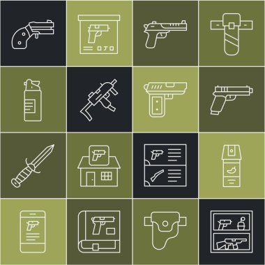 Av silahı, biber gazı, tabanca ya da silah, Çöl Kartalı, MP9I alt makinesi, silah yağı şişesi, küçük tabanca ve ikon. Vektör