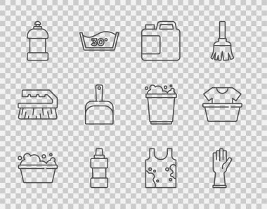 Sabun köpüklü leğen, lastik eldiven, temizlik malzemesi şişesi, faraş, kirli tişört ve ikon. Vektör