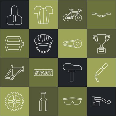 İpi ayarla bisiklet freni, hava pompası, bisiklet, kask, pedal, koltuk ve zincir dişli ikonu olan ödül kupası. Vektör