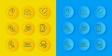 Kulaklık, Soru ve Cevap, Telefon 24 saat desteği, kulaklık, soru işareti ve konuşma balonu sohbet ikonu olan bir satır adamı ayarla. Vektör