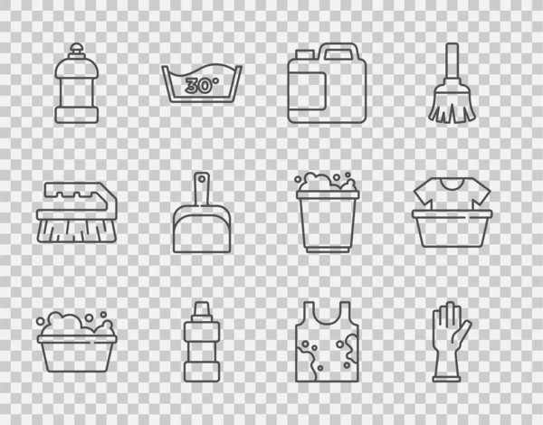 设置线槽与肥皂池 橡胶手套 清洁剂瓶 垃圾桶 脏T恤和图标 — 图库矢量图片