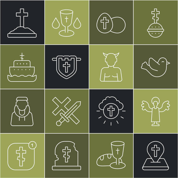 Здание церкви, Ангел, Голубь, Пасхальное яйцо, Крест с крестом, Ковчег Ноа, Могила и Кампус, Черная икона. Вектор