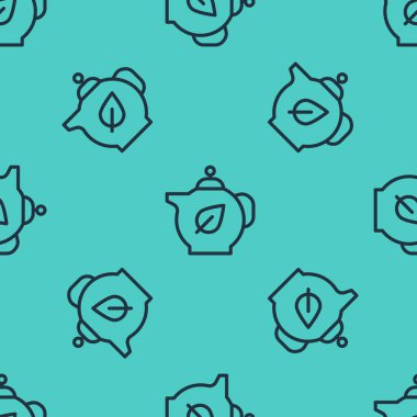 Yeşil zemin üzerinde yaprak simgesi olan siyah çizgi çaydanlığı izole edilmiş, pürüzsüz desen. Vektör