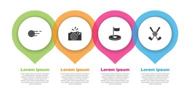 Golf topunu hazırla, suda, bayrak deliğinde ve çapraz golf sopasıyla. Ticari bilgi şablonu. Vektör