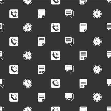 Konuşma baloncuğu sohbetini, Saat, Telefon ahizesi ve Dosya belgesini pürüzsüz desen üzerine ayarla. Vektör