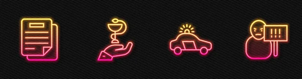 设置线型警车和平底锅 卡杜斯蛇医疗和抗议 发光的霓虹灯图标 — 图库矢量图片