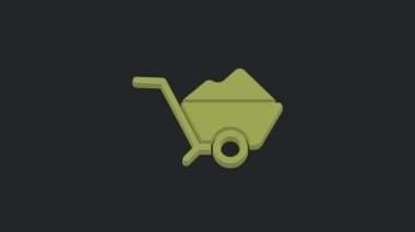 Siyah arka planda toprak ikonu olan yeşil el arabası. Alet edevat. Tarım arabası tekerlek çiftliği. 4K Video hareketli grafik canlandırması.