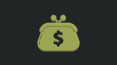 Siyah arka planda dolar sembolü olan yeşil cüzdan. Çanta ikonu. Nakit tasarruf sembolü. 4K Video hareketli grafik canlandırması.