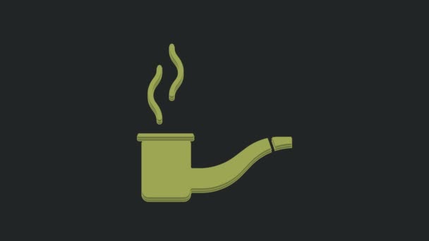 黒い背景に煙のアイコンが隔離された緑の喫煙パイプ タバコパイプ 4Kビデオモーショングラフィックアニメーション — ストック動画