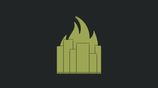 Zielony Pożar Płonących Budynkach Ulicy Miasta Ikona Izolowana Czarnym Tle — Wideo stockowe