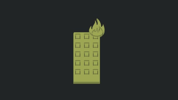 Zielony Pożar Płonącym Budynku Ulicy Miasta Ikona Izolowana Czarnym Tle — Wideo stockowe