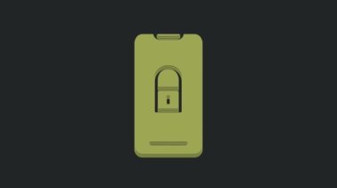 Siyah arkaplanda kapalı asma kilit simgesine sahip yeşil akıllı telefon. Kilitli telefon. Gezici güvenlik, güvenlik, koruma konsepti. 4K Video hareketli grafik canlandırması.