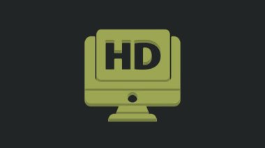 Siyah arkaplanda HD video teknolojisi simgesi izole edilmiş Yeşil Bilgisayar PC monitörü. 4K Video hareketli grafik canlandırması.